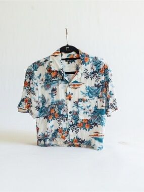 George Women's Button-Down Floral Shirt - White with Teal & Orange Print